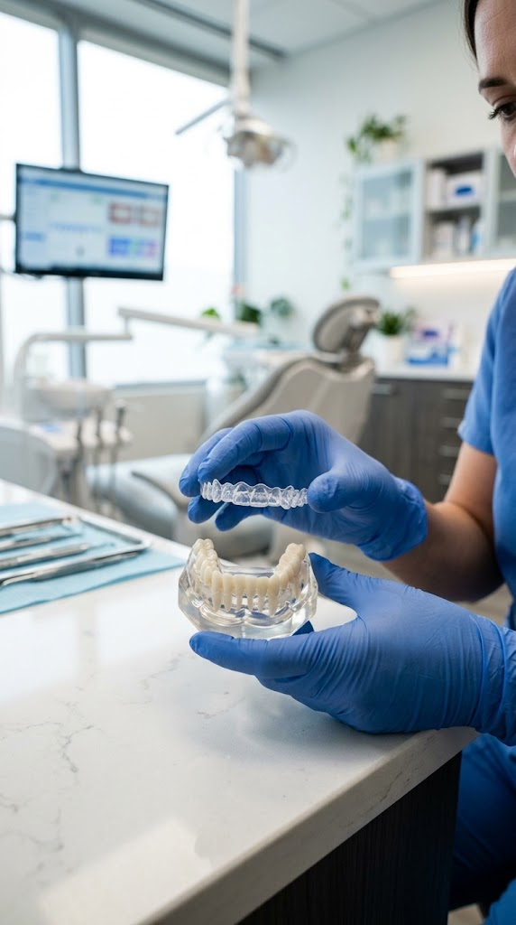 Dental professional presenting a clear aligner